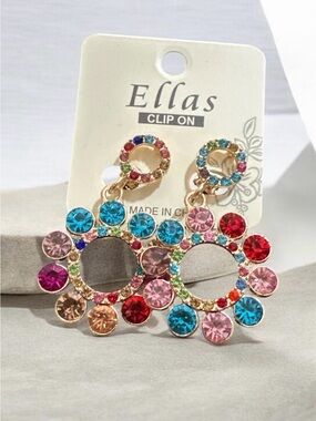 Ella Gold-Tone Clip-On Floral Multicolor Crystal Hoop Earrings
987
